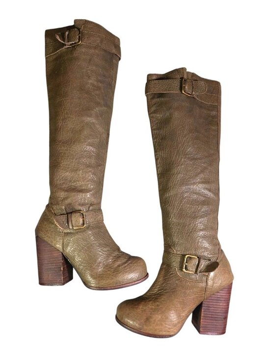 Jeffrey Campbell Shoes - Jeffery Campbell Y2K Chunky Green Tall Leather Buckle Wood Block Heel Boots Sz 8